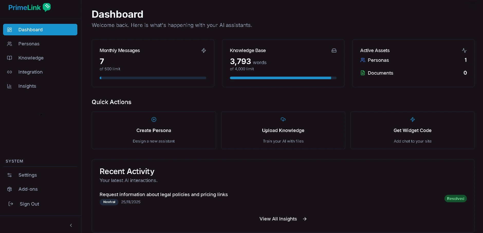 PrimeLink dashboard showing AI assistant management interface